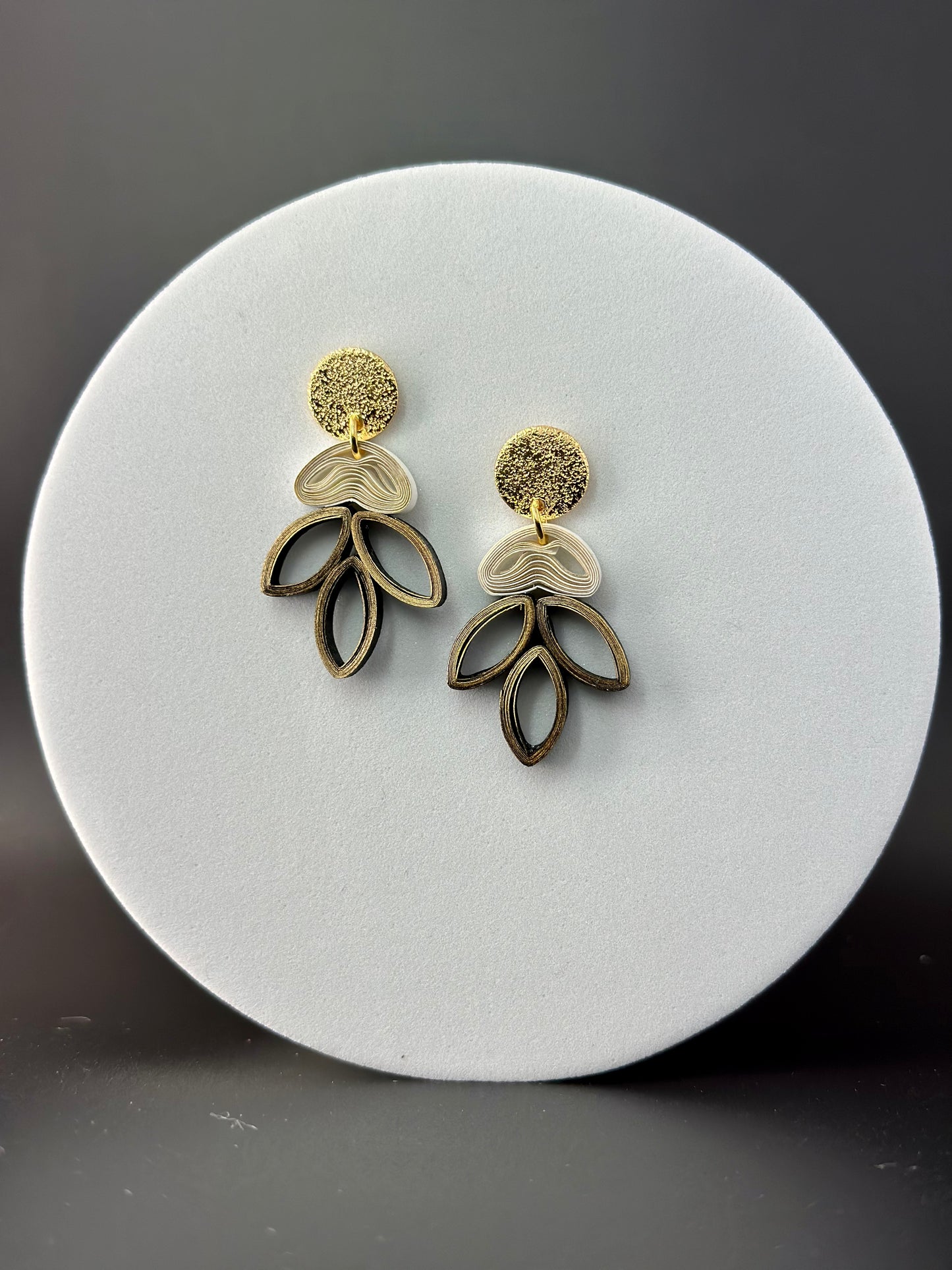 The Madison: Cute olive leaf inspired dangle statement earrings, white, black and gold, sustainable, lightweight, paper earrings, laurel leaf earrings