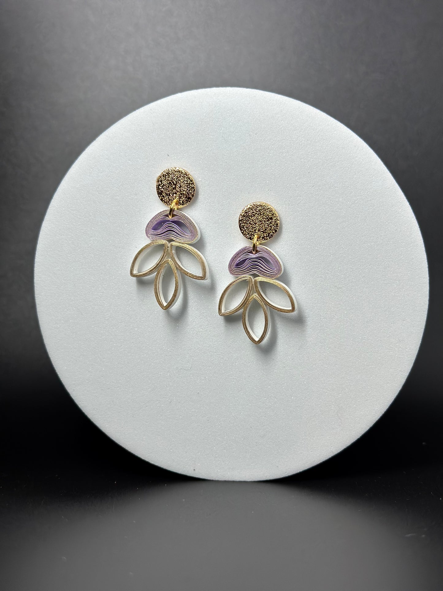 The Madison: Cute olive leaf inspired dangle statement earrings, white, black and gold, sustainable, lightweight, paper earrings, laurel leaf earrings