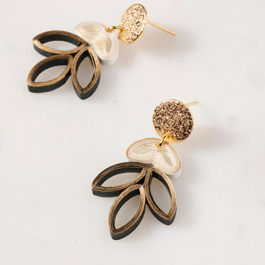 The Madison: Cute olive leaf inspired dangle statement earrings, white, black and gold, sustainable, lightweight, paper earrings, laurel leaf earrings