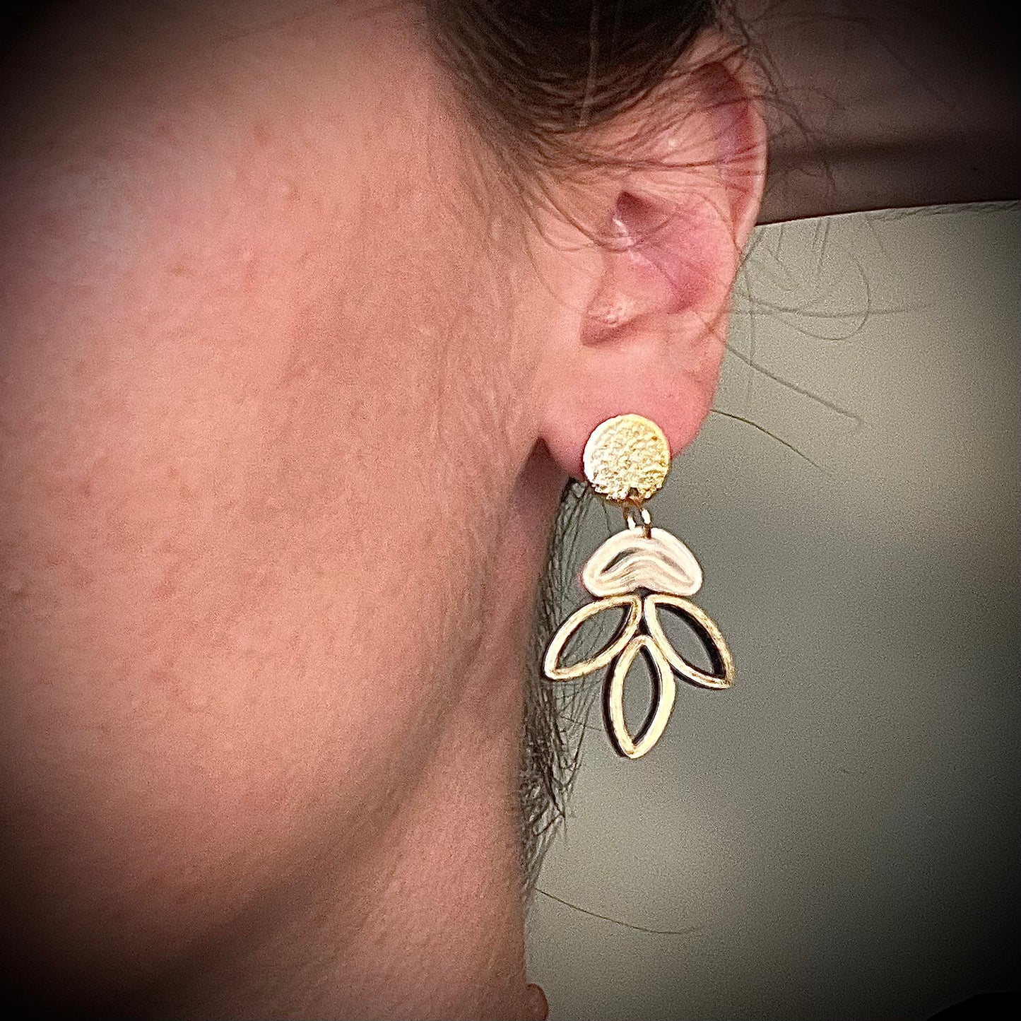 The Madison: Cute olive leaf inspired dangle statement earrings, white, black and gold, sustainable, lightweight, paper earrings, laurel leaf earrings