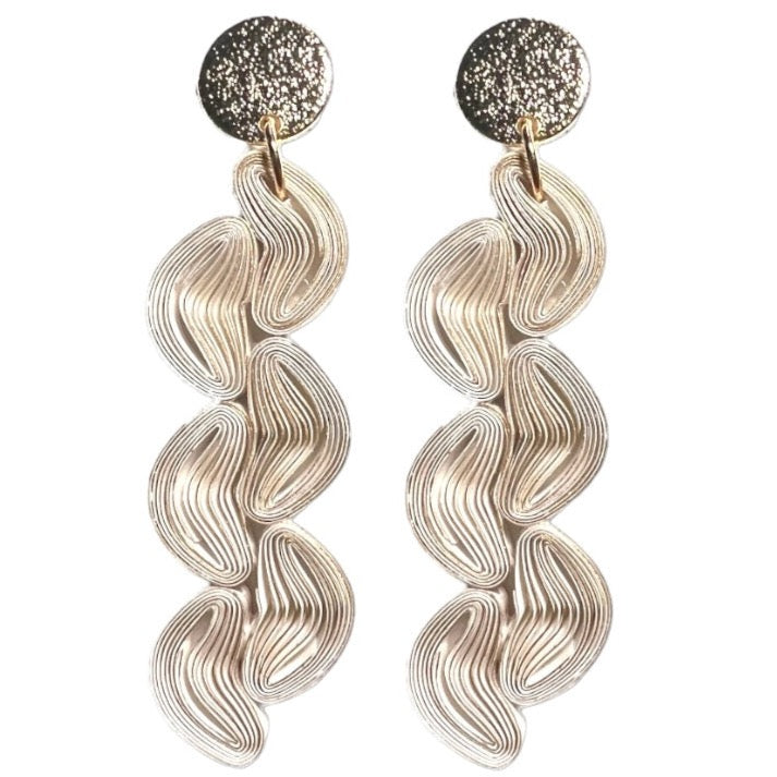 Sedona: Wearable Art Dangle Earrings, Handmade Art Deco inspired dangle earrings, architectural, geometric white and gold, lightweight neutral paper quilling