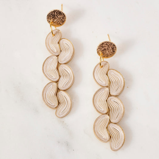 Sedona: Wearable Art Dangle Earrings, Handmade Art Deco inspired dangle earrings, architectural, geometric white and gold, lightweight neutral paper quilling