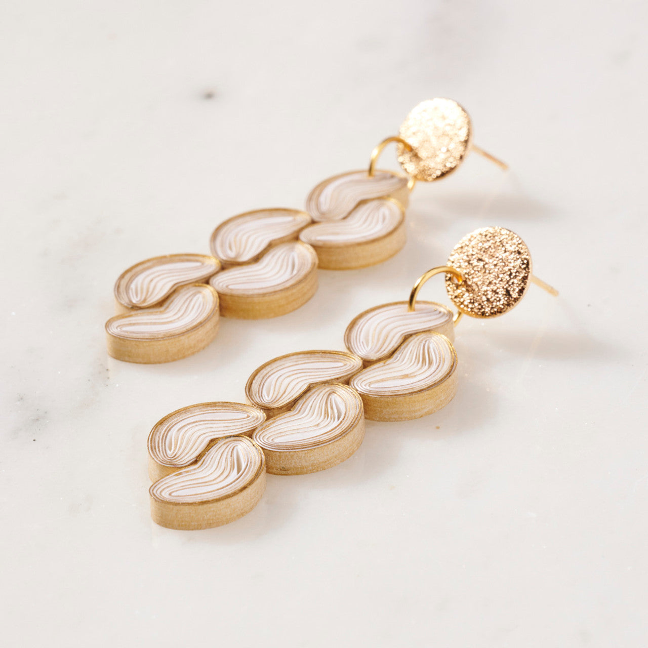 Sedona: Wearable Art Dangle Earrings, Handmade Art Deco inspired dangle earrings, architectural, geometric white and gold, lightweight neutral paper quilling