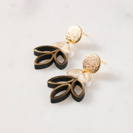 The Madison: Cute olive leaf inspired dangle statement earrings, white, black and gold, sustainable, lightweight, paper earrings, laurel leaf earrings